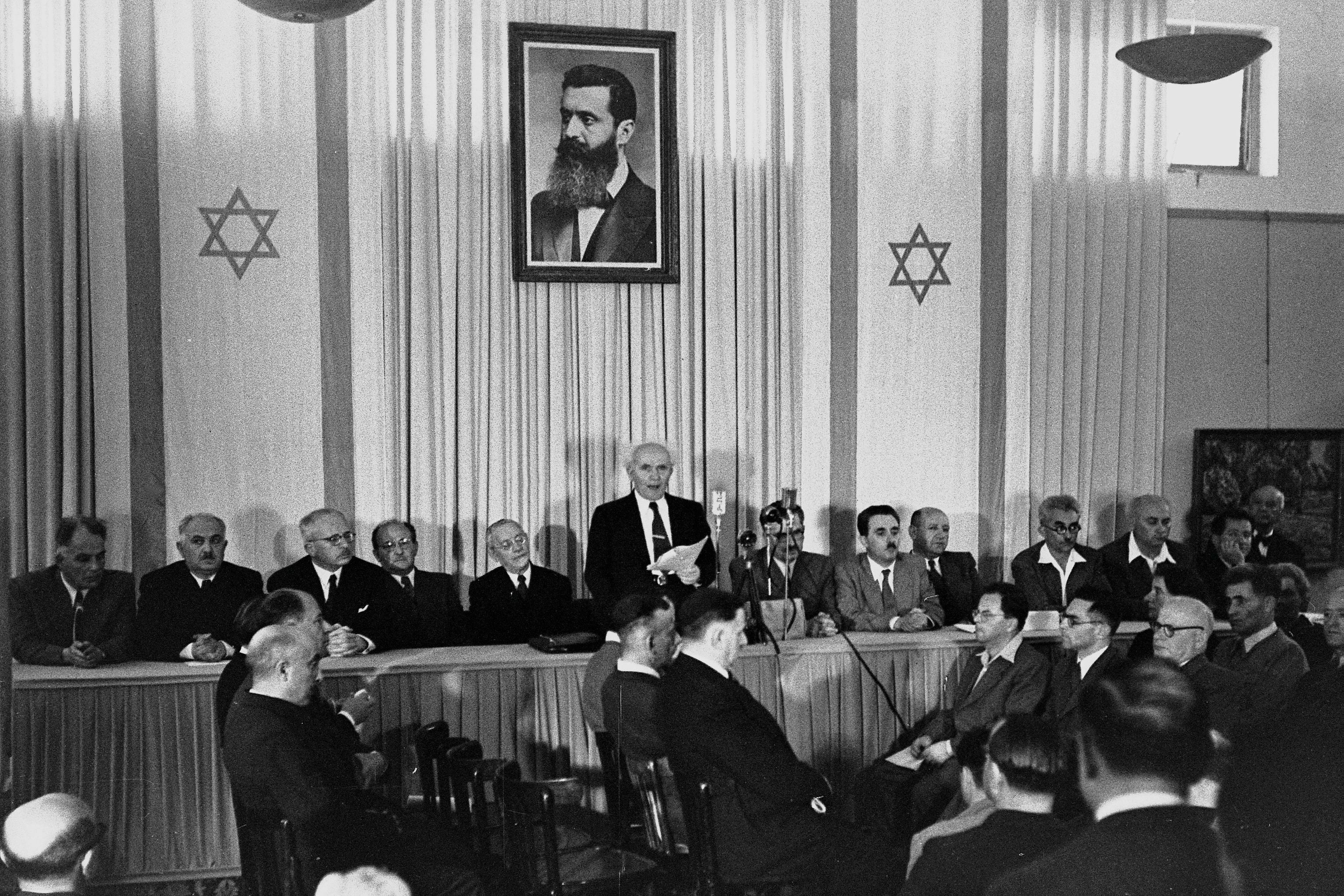 David Ben-Gurion declaring Israeli independence at the Tel Aviv Museum, May 14, 1948