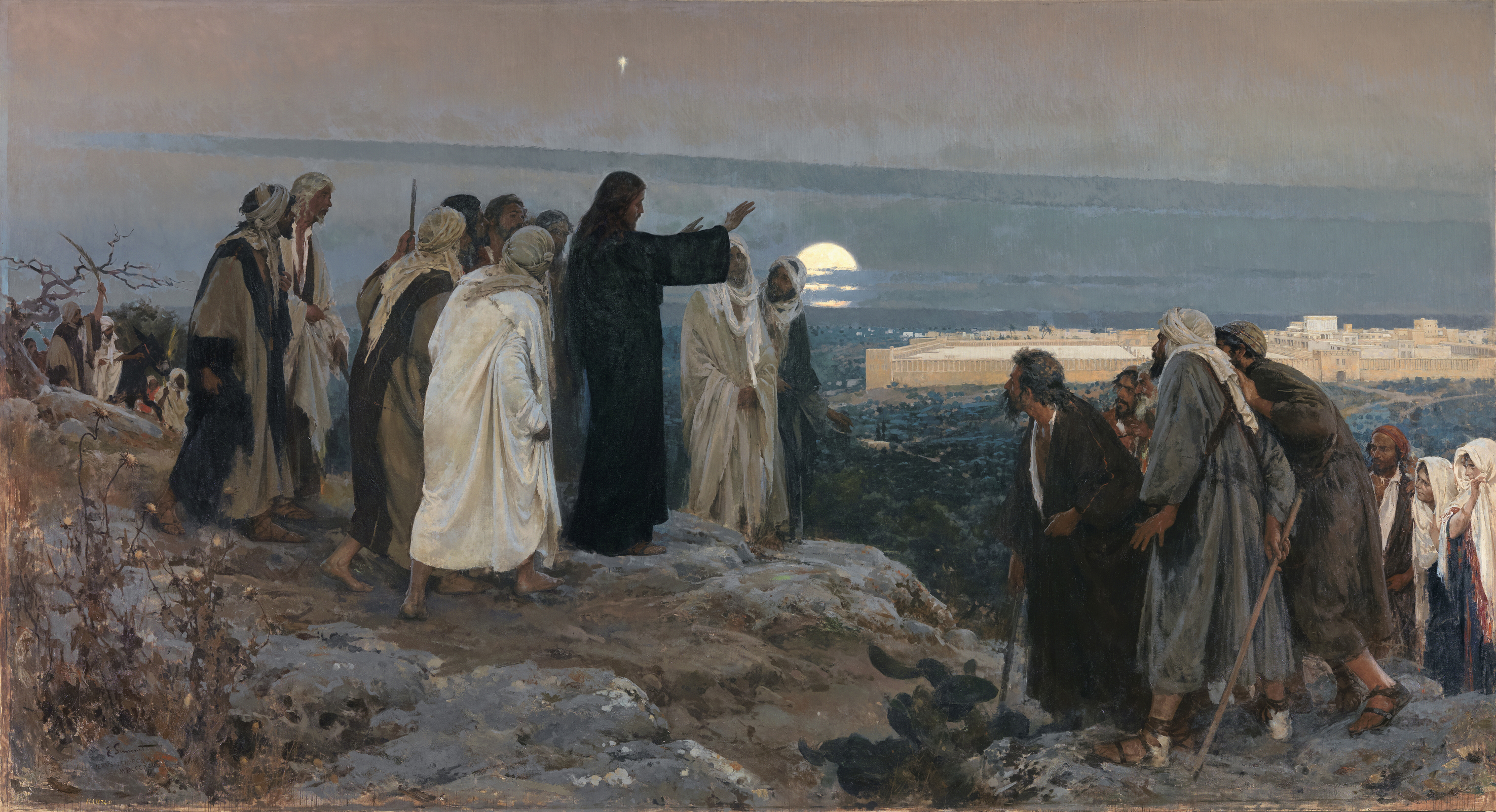 Jesus weeping over Jerusalem, painting by Enrique Simonet showing Christ on the Mount of Olives with outstretched hands grieving over the city