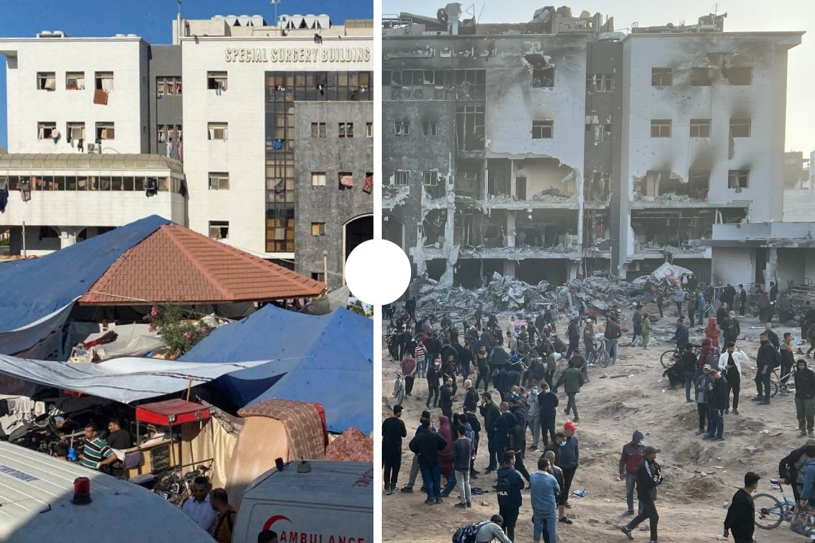 Before and after images of Al-Shifa Hospital in Gaza City showing severe destruction