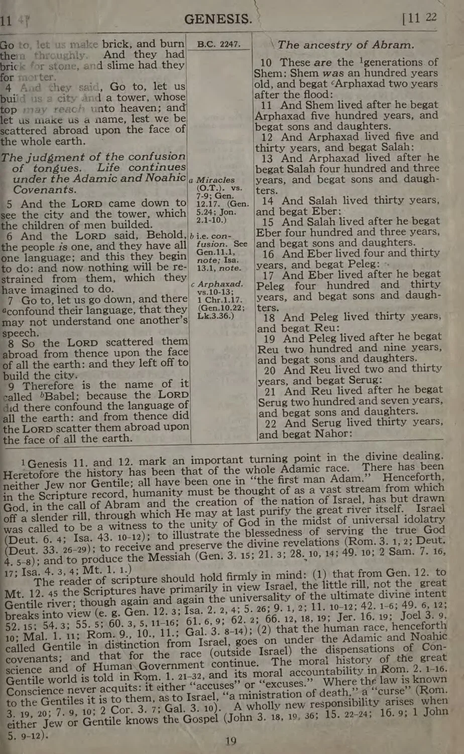 Page from the Scofield Reference Bible showing Genesis 11-12 with extensive study notes printed alongside the biblical text
